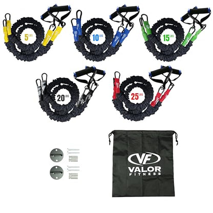 Valor Fitness Resistance Bands - 5lb to 25lbs - Carabiners Attached & 2 Bands per Weight Option with Handles– Sheath Covered - Strength Training New Compact 39" Design - Wall Door Rack Mount Options - color: Black -RTS-WALLattb