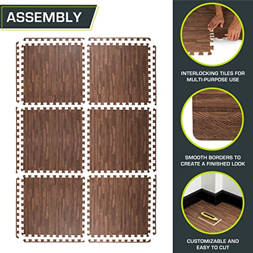 ProsourceFit Wood Grain Puzzle Mat ½-inch, 6 EVA Foam Interlocking Floor Tiles (24 SQ FT) for Secure Indoor Gym Flooring, Office Spaces, Living Rooms, and Play Areas, Dark Oak