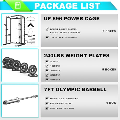 Power Cage, Multi-Functional Power Rack with J-Hooks, Dip Handles, Landmine Attachment and Optional Cable Pulley System for Home Gym - size: 240LB Weights Package,black