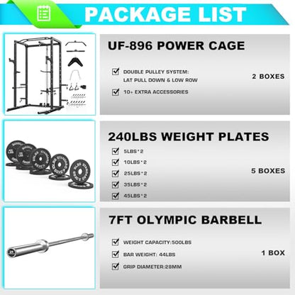 Power Cage, Multi-Functional Power Rack with J-Hooks, Dip Handles, Landmine Attachment and Optional Cable Pulley System for Home Gym - size: 240LB Weights Package,black