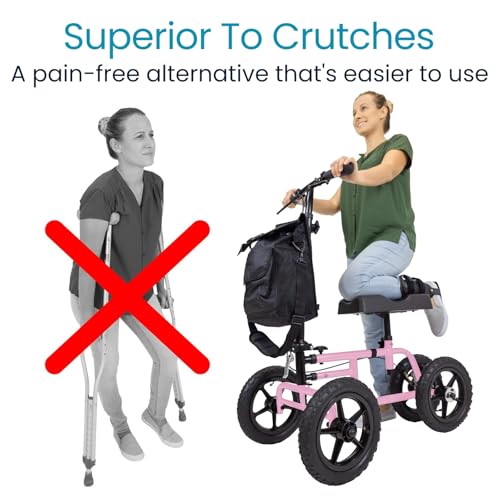 Vive Mobility All Terrain Knee Scooter Walker for Foot Injuries - Adult Broken Leg Crutch Cart Roller for Surgery, Broken Foot, Ankle Injury - Kneeling Rolling Steerable Seated Wheel Scooter Aid - color: Pink