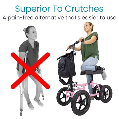 Vive Mobility All Terrain Knee Scooter Walker for Foot Injuries - Adult Broken Leg Crutch Cart Roller for Surgery, Broken Foot, Ankle Injury - Kneeling Rolling Steerable Seated Wheel Scooter Aid - color: Pink