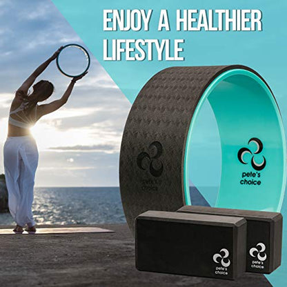 Yoga Wheel with Beginners Guide & Yoga Strap - Back Pain and Tension Relief. Comfy Roller for Stretching, Increase Flexibility. Home Exercise Kit. Ideal for Women Yogis. Improve your Posture.