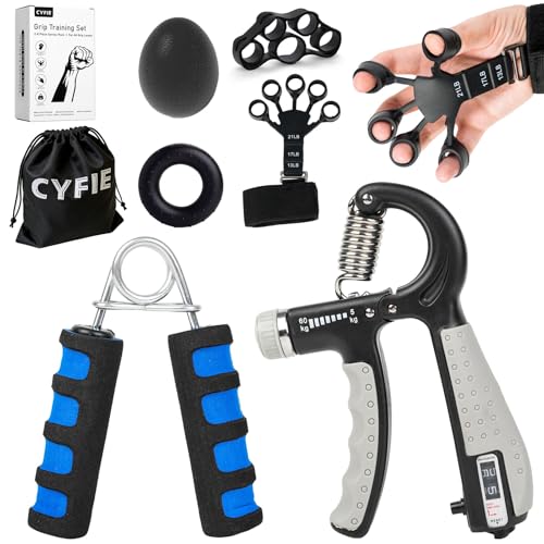 CYFIE Grip Strength Trainer Kit, Adjustable Hand Gripper Strengthener, Forearm Strengthener & Finger Exerciser Set with Finger Stretcher, Stress Ball & Grip Ring for Athletes, Rock Climbing & Rehab - color: BLUE & BLACK