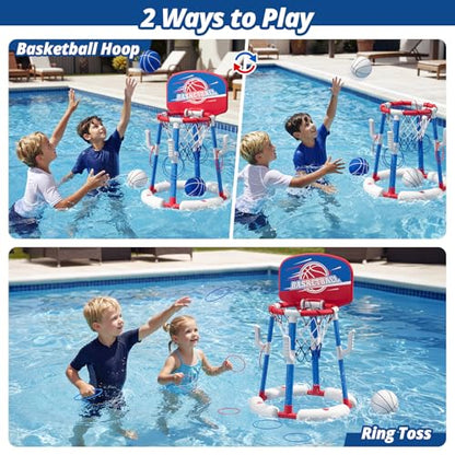 2 in 1 Pool Basketball Hoop with Ring Toss, Floating Pool Toys - Anti-Tip Stable Base - with 4 Balls/8 Rings/Pump - Summer Water Basketball Games Indoor Outdoor Gifts for Kids 4-8 & Adults, Red