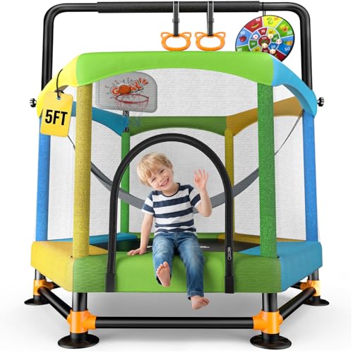 Toddler Trampoline for Kids with Foam Handle, Anti-Tilt Frame & Thick Padded Spring Cover, Indoor Outdoor Mini Trampoline, Active Play Toy Gift for Boys Girls - color: Green+Blue+Yellow, size: 5FT