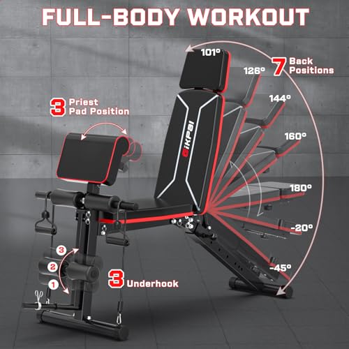 Adjustable Weight Bench - Bench Press for Full Body Workout, Foldable Workout Bench for Home Gym, Strength Training Bench to Incline Decline Flat w/Leg Extension and Pracher Pad (Red)