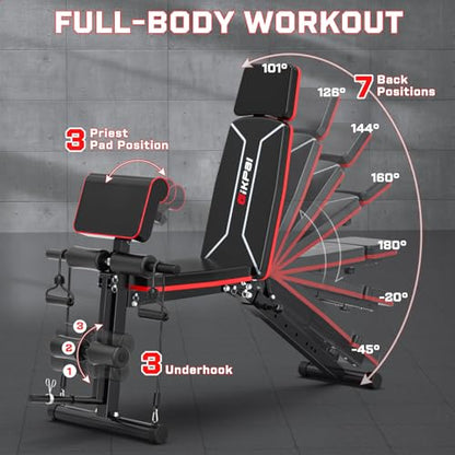 Adjustable Weight Bench - Bench Press for Full Body Workout, Foldable Workout Bench for Home Gym, Strength Training Bench to Incline Decline Flat w/Leg Extension and Pracher Pad (Red)