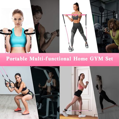 Pilates Bar Kit with Resistance Bands,Pilates Bar with Stackable Bands Workout Equipment for Legs,Hip,Waist and Arm,Exercise Fitness Equipment for Women & Men Home Gym Yoga Pilates - color: Rose
