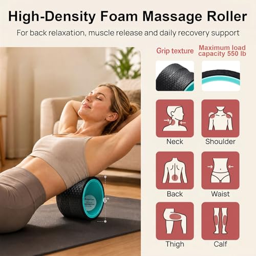 GymCope 5-in-1 Foam Roller Set with Back Roller, Massage Roller Stick, Spiky Ball, Fascia Ball and Stretch Band, 6 Inch Yoga Back Stretcher for Deep Stretch, Posture Support and Home Workout Recovery