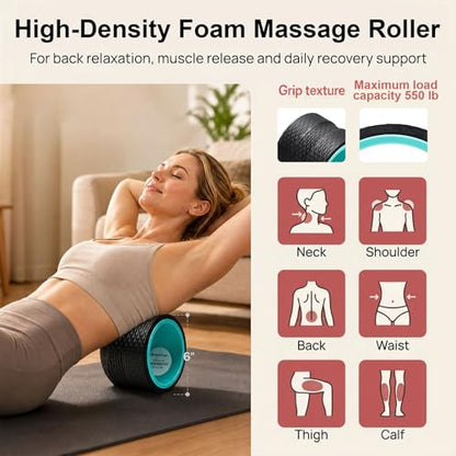 GymCope 5-in-1 Foam Roller Set with Back Roller, Massage Roller Stick, Spiky Ball, Fascia Ball and Stretch Band, 6 Inch Yoga Back Stretcher for Deep Stretch, Posture Support and Home Workout Recovery