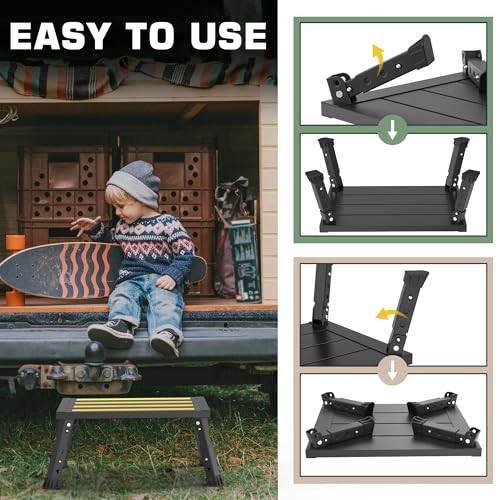 Adjustable Height Aluminum RV Step, Stable Foldable Platform Step Stool, Supports Up to 1,000 lb, Non-Slip Rubber Feet and Platform Mat, Easy to Carry (Black)
