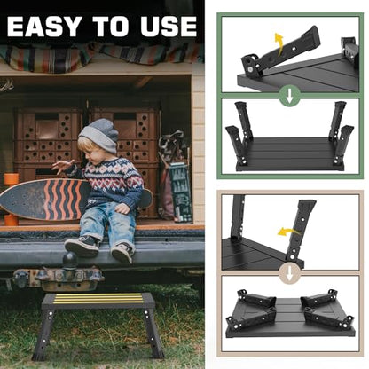 Adjustable Height Aluminum RV Step, Stable Foldable Platform Step Stool, Supports Up to 1,000 lb, Non-Slip Rubber Feet and Platform Mat, Easy to Carry (Black)