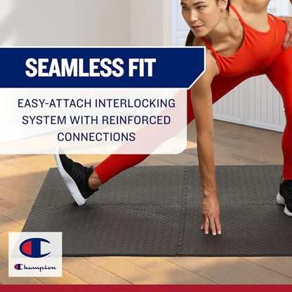 Champion Interlocking Foam Floor Tiles, 12mm Thick EVA Foam Exercise Mat Set with 4 Interlocking Mats & 8 Border Pieces, Non-Slip Cushioned Flooring for Home Workout, Yoga, Stretching, and Pilates
