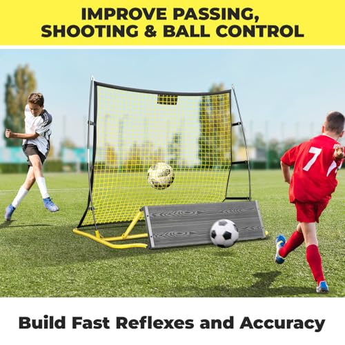 2 in 1 Soccer Rebounder Net & Board, Dual-Sided Rebounder for Solo/Team Practice, High-Bounce Soccer Bounce Back Net for Passing,Volley, Football Trainer Net with Board Wall for All Players