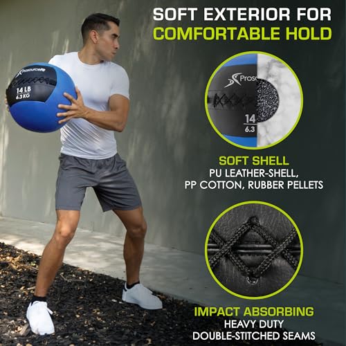 ProSource Soft Medicine Balls for CrossFit Wall Ball and Full Body Dynamic Exercises, Color-Coded Weights: 6, 8, 10, 14, 20, 25 lb. - color: Blue 14 LB