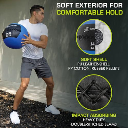 ProSource Soft Medicine Balls for CrossFit Wall Ball and Full Body Dynamic Exercises, Color-Coded Weights: 6, 8, 10, 14, 20, 25 lb. - color: Blue 14 LB