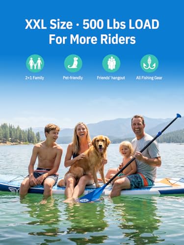 Niphean (Extra Large) Inflatable Paddle Board, SUP for 2+1 People/Family 500lbs Capacity Stand Up Paddle Board with SUP Accessories, StabilTrac Fin Non-Slip Paddleboard for Adults - color: Blue