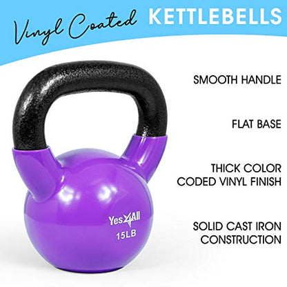 Yes4All Kettlebell, Vinyl Coated Kettlebell Cast Iron Sets with Stable Flat Bottom for Full Body Workout, Push up, Grip Strength Training & Weights Exercises - color: Multicolor, style: 15 - 20lb