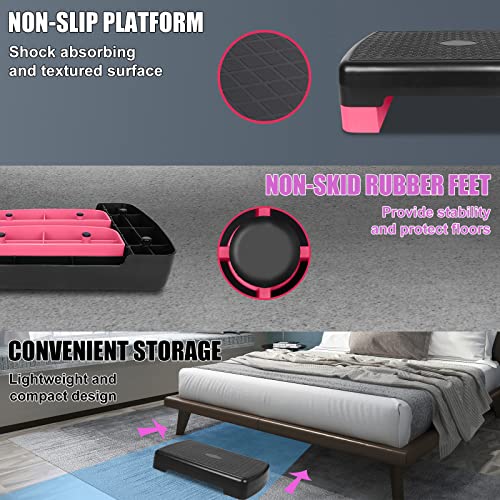 Height-Adjustable 4"-6" Step Aerobics Platform Fitness Equipment Stepper Trainer Exercise Step Platform with 2 Riser