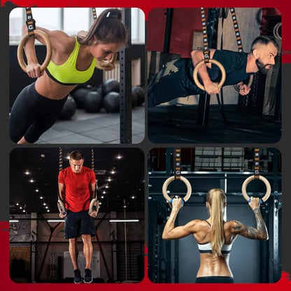 Gonex Wooden Gymnastic Rings with Adjustable Number Straps, Olympic Rings for Gym, Workout, Exercise, Outdoor Training, Quick Install Carabiner, 8.7 ft Straps Pull Up Non-Slip Rings