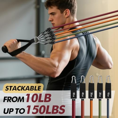 WHATAFIT Resistance Bands, Exercise Bands, Workout Bands with Handles, Door Anchor and Ankle Straps, 5 Resistance Levels Fitness Bands for Strength Training, Physical Therapy, and Home Gym Equipment