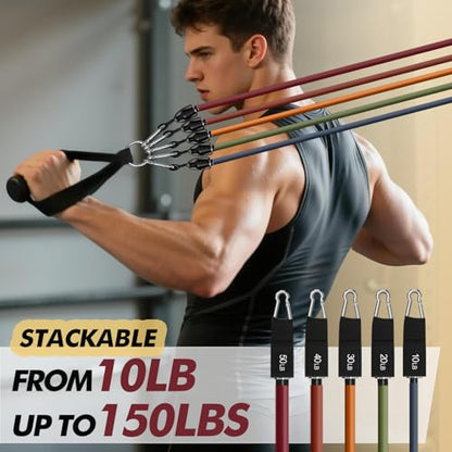 WHATAFIT Resistance Bands, Exercise Bands, Workout Bands with Handles, Door Anchor and Ankle Straps, 5 Resistance Levels Fitness Bands for Strength Training, Physical Therapy, and Home Gym Equipment
