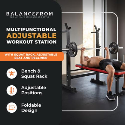 BalanceFrom Adjustable Folding Multifunctional Workout Station Adjustable Olympic Workout Bench with Squat Rack - color: Black/Red