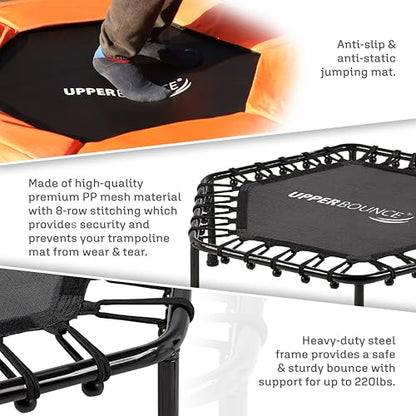 Upper bounce Mini Workout Trampoline Adjustable tshaped handrail – Hexagonal rebounder Kids & Adults – Fitness Trampoline Equipment Supports up 220lbs. (Orange, 50 Inches)