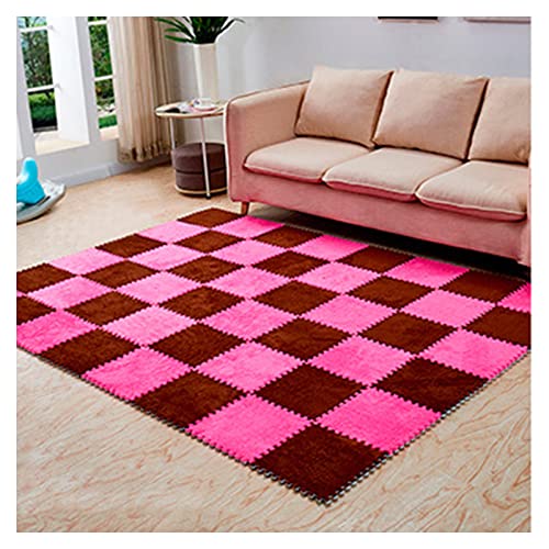 12 Pieces Thickened Plush Foam Interlocking Floor Mat,Fluffy Square Foam Tiles with 12 Edgings,Soft Anti-Slip Puzzle Area Rug Playmat for Bedroom,12X12inch,12 Tiles/11.6 Sq.Ft,Rose+Coffee - color: Rose+coffee