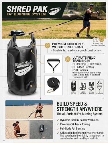 Upgraded ShredPak - Resistance Training System - Weight Sled Harness Weight Bag, Handles - Football Training, Any Surface, Strength Workout for Athletes - Burn 3X The Calories - Gym, Home and, Outdoor