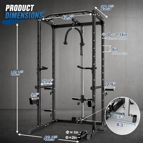 KOPUS Power Rack with Pulley System – Multi-Functional Power Cage Squat Rack, LAT Pull Down, J Hooks & Safety Bars – 1200 lbs Home Gym Equipment – 5 Configurations - size: Cage + Pulley