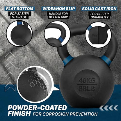 Yes4All Powder Coated Cast Iron Kettlebell, Single Deep Blue, 40 KG / 88 LB - color: Deep Blue, style: A. Single