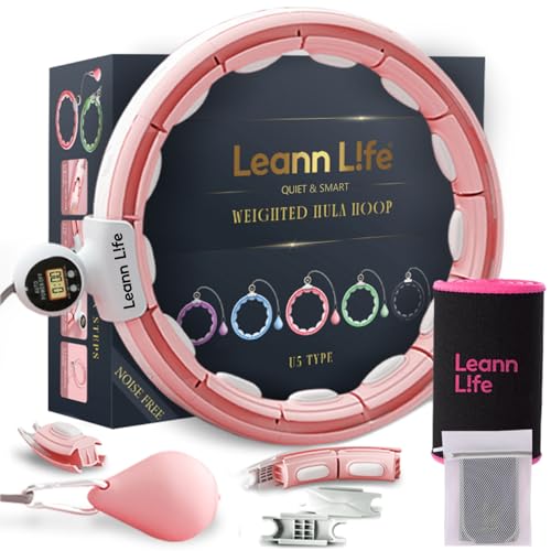 U5 Smart Weighted Hula Hoop with Counter, Waist Trimmer & Wash Bag –16 Knots, 28"–46" Adjustable Infinity Hoop Plus Size, Quiet Rubberized Wheels, Abdominal Toner - color: Pink + Waist Trimmer