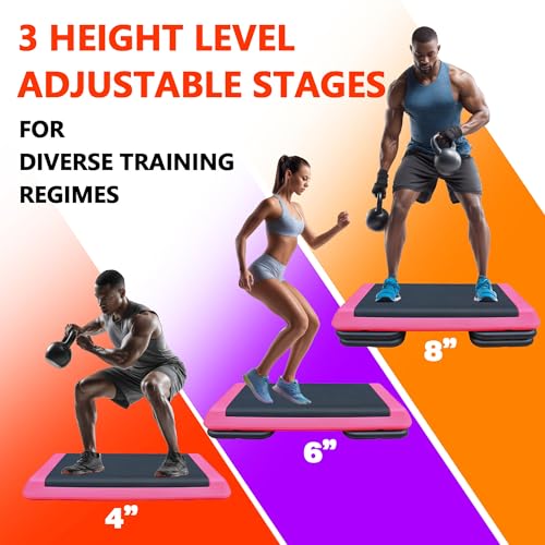 43" Aerobic Exercise Step Platform, Adjustable Aerobic Steppers with 4 Stackable Risers, Workout Stepper & Fitness Stepper for Home Gym Cardio Strength Training, Easy Storage, 550 LBS Capacity ﻿