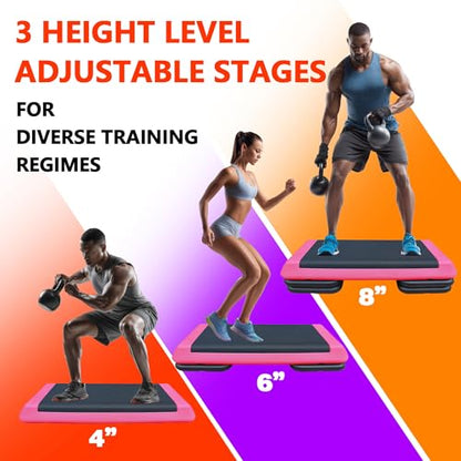 43" Aerobic Exercise Step Platform, Adjustable Aerobic Steppers with 4 Stackable Risers, Workout Stepper & Fitness Stepper for Home Gym Cardio Strength Training, Easy Storage, 550 LBS Capacity ﻿