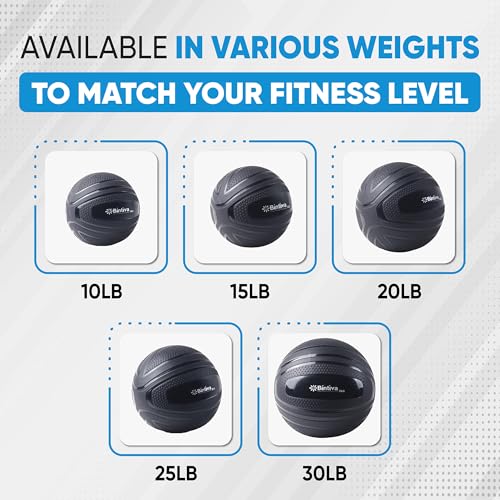bintiva Non Bounce Slam Ball - Exercise Weighted Deadball for Workout and Fitness Routines - Medicine Dead Weight Ball - color: Black SET - 10 15 20 25 30 LBs