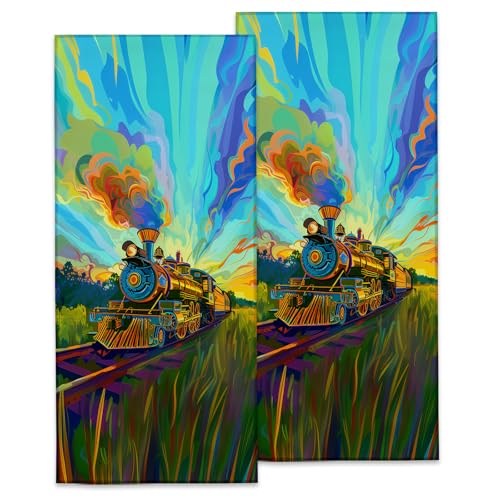 Colorful Train Hand Towels, Soft Decorative Retro Locomotive with Dramatic Sky Hand Towel Set of 2 for Bathroom Hotel Home, Absorbent Dish Towels for Kitchen Drying Farmhouse Gifts 14×28 Inch - color: Train15