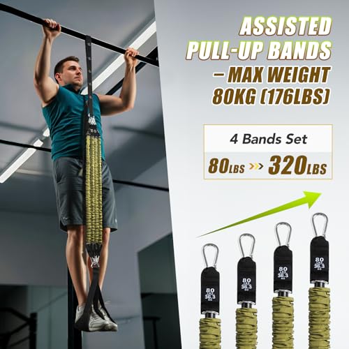 Pull Up Assistance Bands with Foot Support Pedal - Upgraded Heavy Duty Resistance Bands Adjustable Weight/Height with 80Lbs Bands&Measured Strap for Strength Training Home Gym