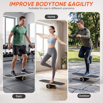 Balance Board with Adjustable Stoppers, Surf Balance Trainer for Adults, Wooden Balance Board for Core Strength & Balance Control, Skateboard Snowboard Training Equipment