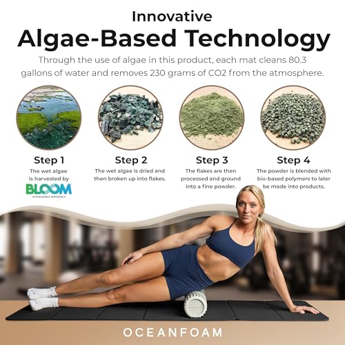 Travel Workout Mat – 0.3" Thick Folding Exercise Mat for Yoga, Pilates, & Fitness – Non-Slip with Cotton Carrying Strap, Made with Sustainable Algae Foam – 24" x 72" (Black Marbled)