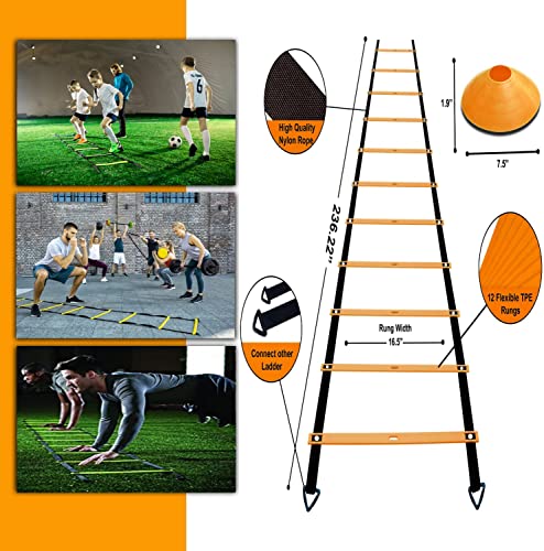 Agility Ladder Set 20ft, 4 Hurdles, 12 Soccer Cones, Jump Rope & Running Parachute - Speed Agility Training Equipment for Soccer Fitness Kids Youth Adults - color: Orange