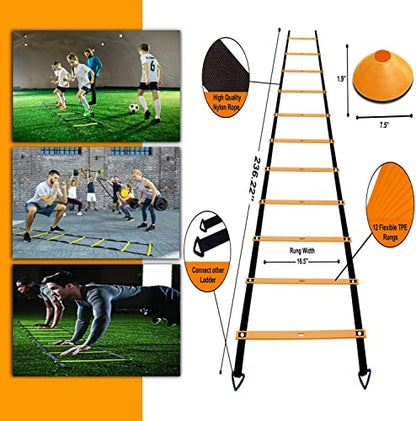 Agility Ladder Set 20ft, 4 Hurdles, 12 Soccer Cones, Jump Rope & Running Parachute - Speed Agility Training Equipment for Soccer Fitness Kids Youth Adults - color: Orange
