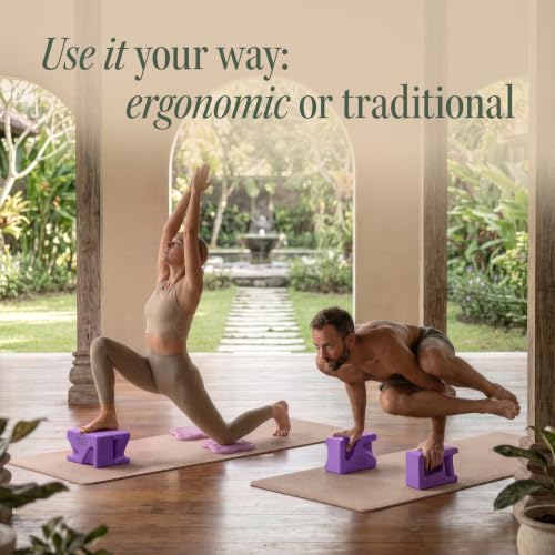 PRO Yoga Blocks | Ergonomic Yoga Block 2 Pack for Wrist Comfort and Support | EVA Foam Exercise Blocks, 2x Knee Pads & Yoga Strap | Pilates Block Set | Bricks to Eliminate Wrist Pain - color: Purple