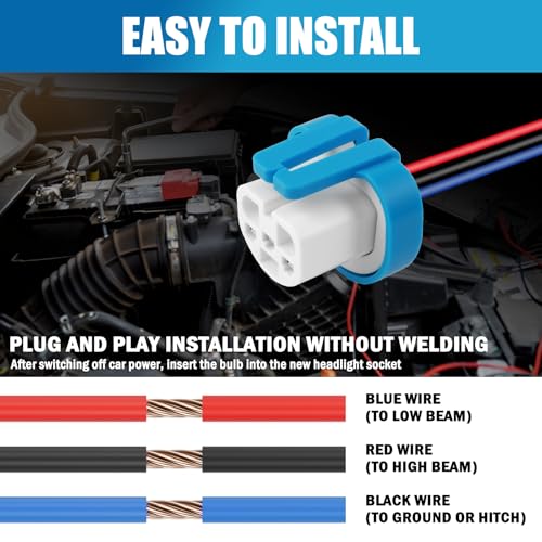 2PCS Headlight Wiring Harness,3-Pin Headlight Connector Plug for 9007/9004/HB1/HB5,High Tempreture Resistant Headlights Socket Headlights Harness Replacement Car Accessories