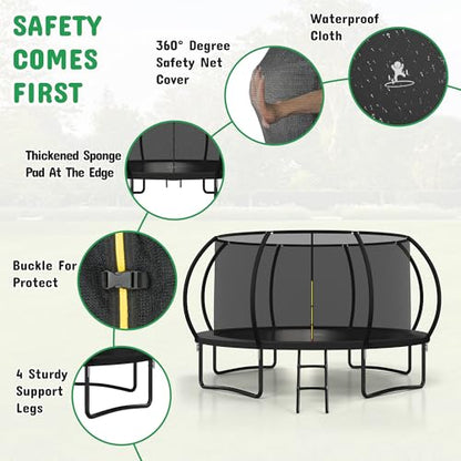 8FT 10FT 12FT 14FT 16FT Outdoor Trampoline with Safety Enclosure Net - color: Black, size: 14 FT