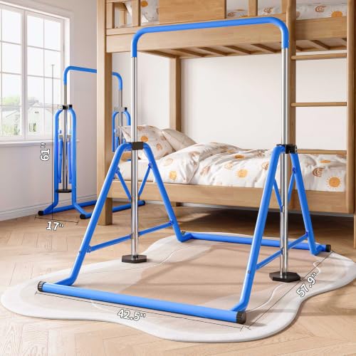 Expandable Gymnastics Bars 45''-61'' with Side Support Bars for Kids - color: Blue with rings