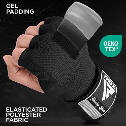 RDX Gel Boxing Hand Wraps Inner Gloves Men Women, Quick 100cm Long Wrist Straps, Elasticated Padded Fist Under Mitts Protection, Muay Thai MMA Kickboxing Martial Arts - color: Black, size: Medium