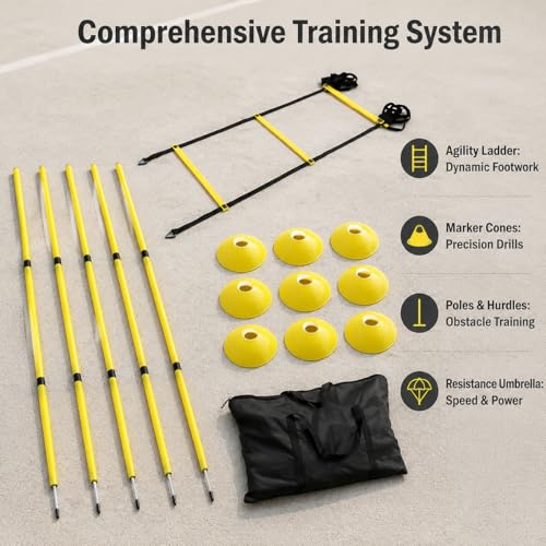 predolo Agility Ladder Speed Training Kit, Soccer Training Equipment Set, PP Rung Agility Ladder Synthetic Material Disc Cones with Storage Bag - style: Yellow Agility Ladder Training