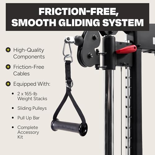 FT1 Functional Trainer with Bench - Compact at Home Workout Machine with Accessories - Two 165 lb Weight Stacks - Smooth Glide Cable Machine with Weight Bench - style: Inspire FT1 (fully loaded)